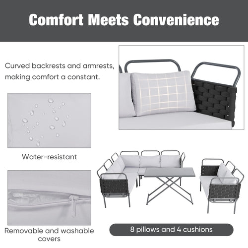 LuneluX_Home – 7-Seater Outdoor Sectional Sofa Set with Glass Table