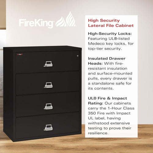 Lateral 4 Drawer Fire Safe File Cabinet With Key Lock Black