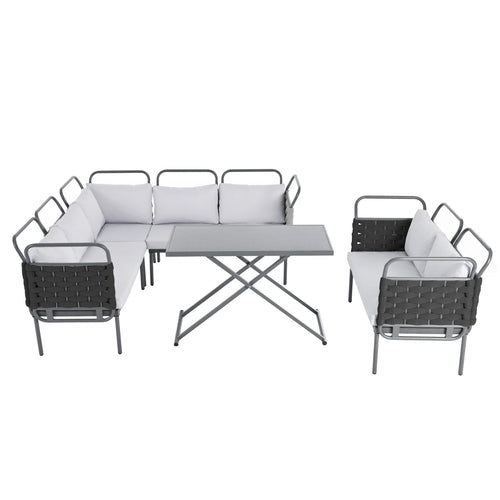 LuneluX_Home – 7-Seater Outdoor Sectional Sofa Set with Glass Table