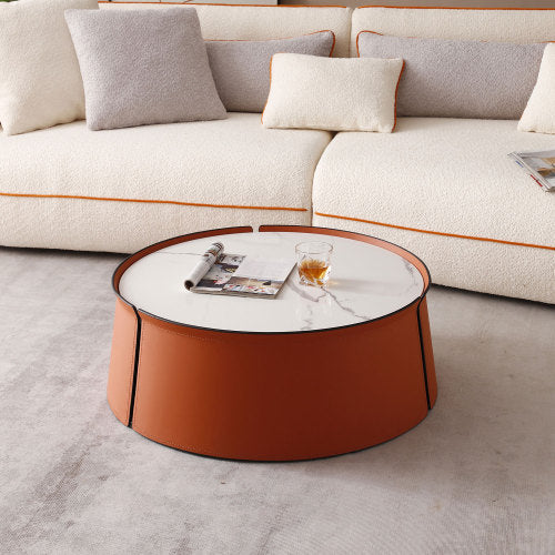 31.5inch Coffee Table, Marble Top+Orange Saddle Leather Body+Iron