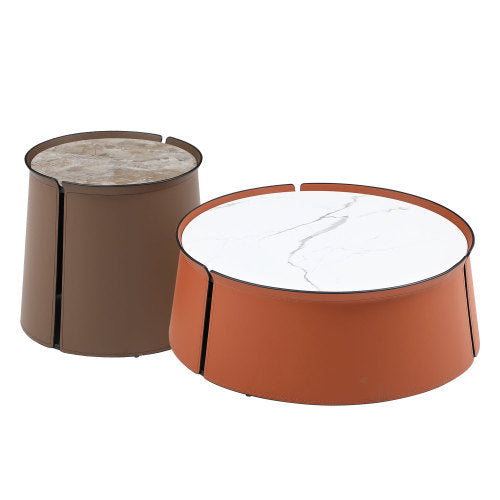 31.5inch Coffee Table, Marble Top+Orange Saddle Leather Body+Iron