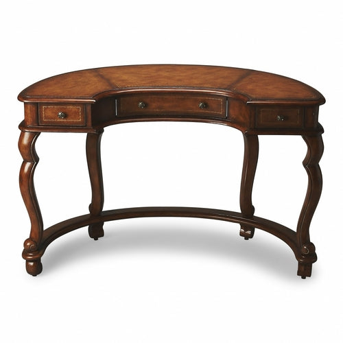 Crescent Shape Brown Leather Top Desk with Three Drawers