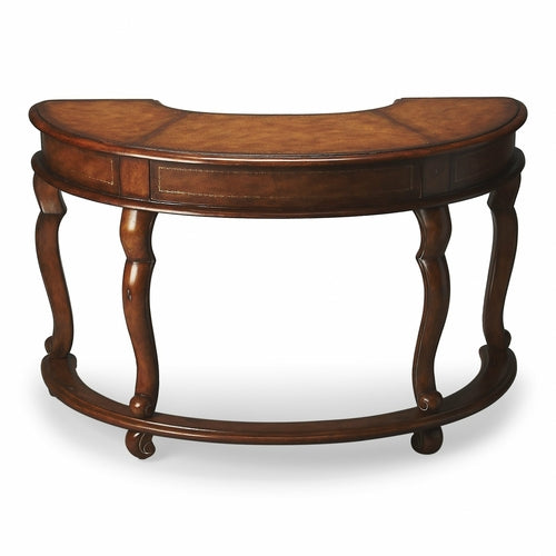 Crescent Shape Brown Leather Top Desk with Three Drawers