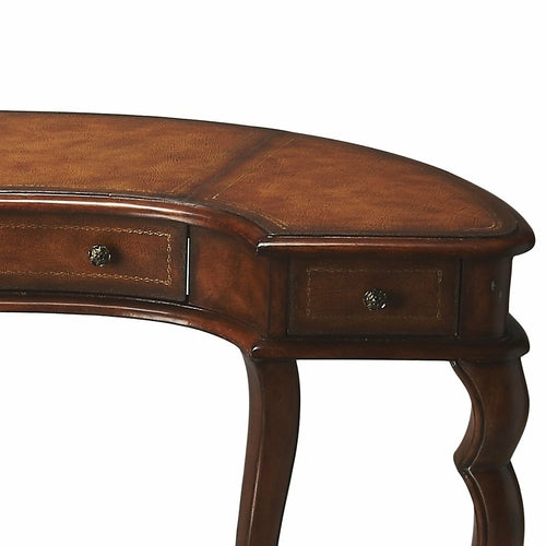 Crescent Shape Brown Leather Top Desk with Three Drawers