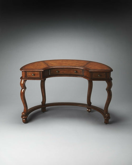 Crescent Shape Brown Leather Top Desk with Three Drawers
