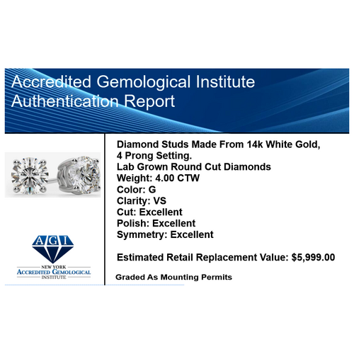 AGI Certified 6 CTW Lab Grown Diamond Stud Earrings in 14K White or