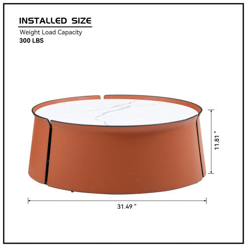 31.5inch Coffee Table, Marble Top+Orange Saddle Leather Body+Iron