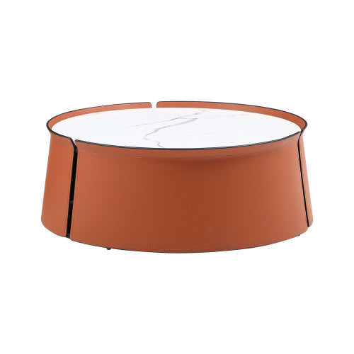 31.5inch Coffee Table, Marble Top+Orange Saddle Leather Body+Iron