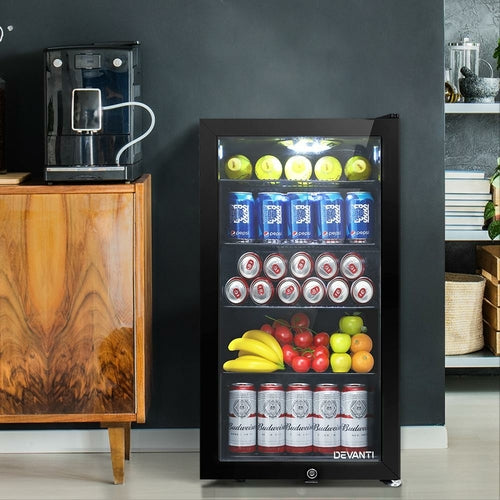 Devanti 98L Bar Fridge Glass Door Mini Fridges Freezer Black