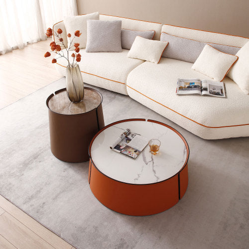 31.5inch Coffee Table, Marble Top+Orange Saddle Leather Body+Iron