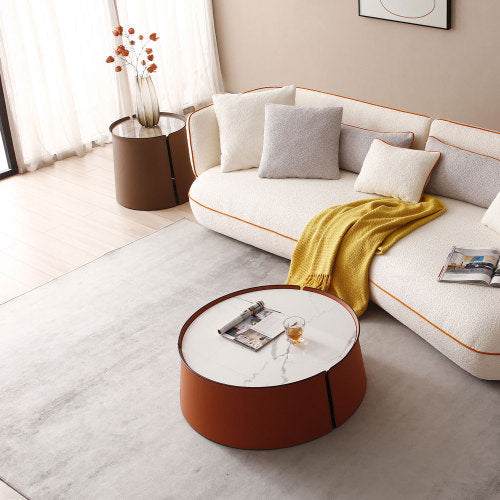 31.5inch Coffee Table, Marble Top+Orange Saddle Leather Body+Iron