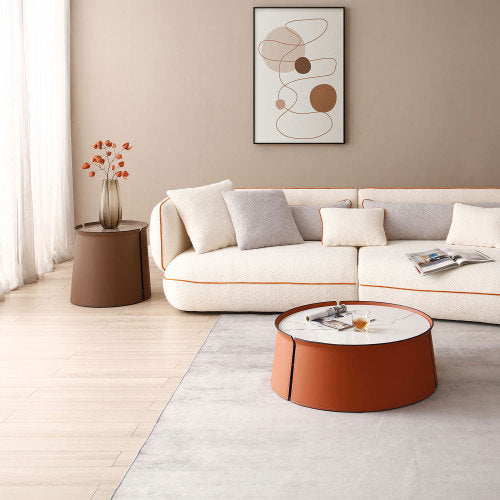 31.5inch Coffee Table, Marble Top+Orange Saddle Leather Body+Iron