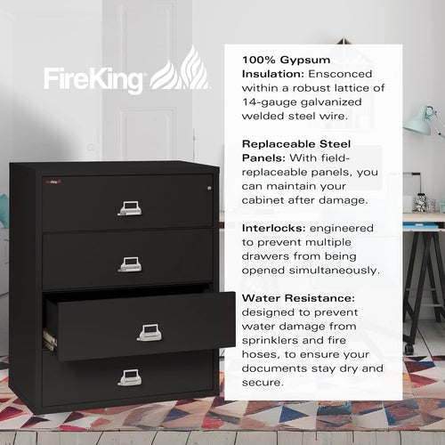 Lateral 4 Drawer Fire Safe File Cabinet With Key Lock Black
