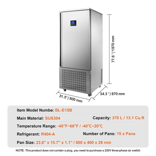 Commercial Blast Freezer, 370 L / 13.1 Cu.ft Blast Chiller with 15