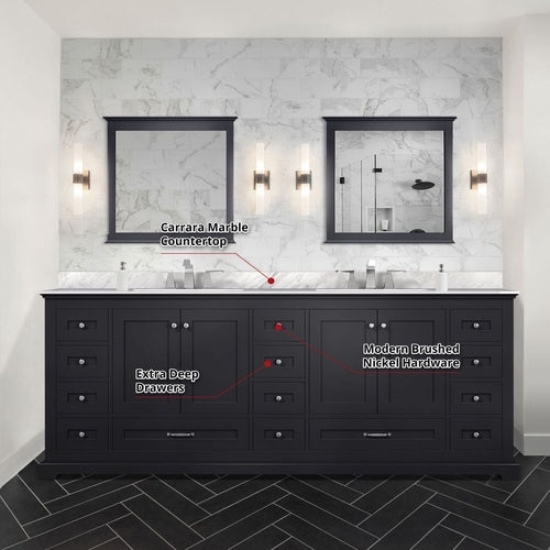 Espresso Double Bath Vanity 84 in. W x 22 in. D, Carrara Marble Top,