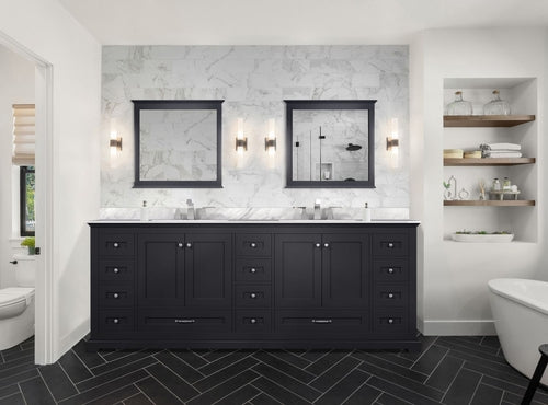 Espresso Double Bath Vanity 84 in. W x 22 in. D, Carrara Marble Top,