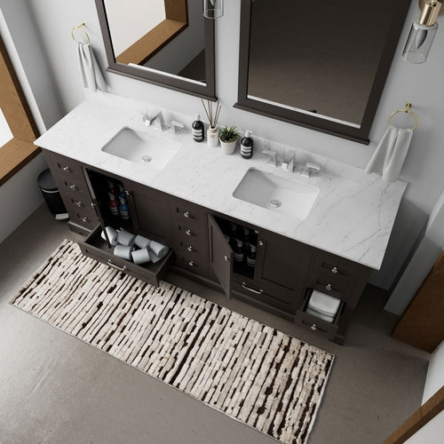 Espresso Double Bath Vanity 84 in. W x 22 in. D, Carrara Marble Top,