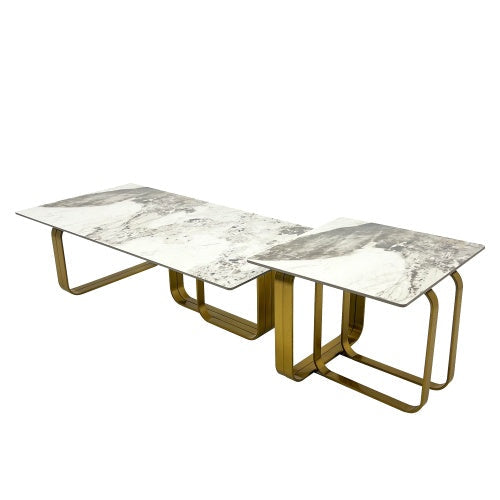 LuneluX_Home – Modern Sintered Stone Coffee Table Set with Gold Frame